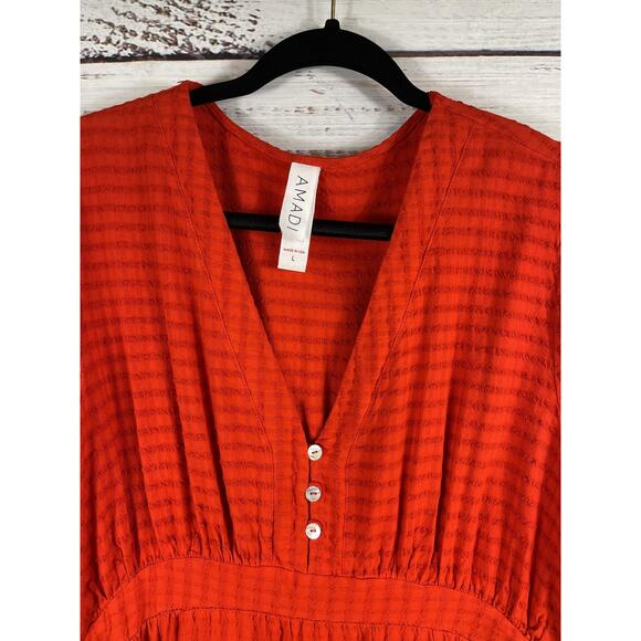 Amadi Dress Women's Large Red Textured V Neck Midi Long Sleeve Boho Made USA - Picture 3 of 9